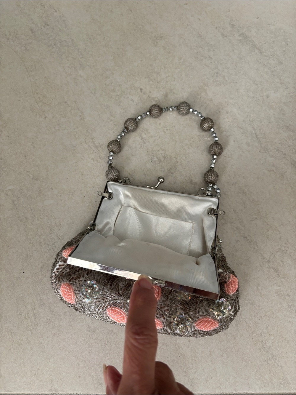 Beaded Embellished Evening Bag in Silver and Coral - Picture 2 of 4
